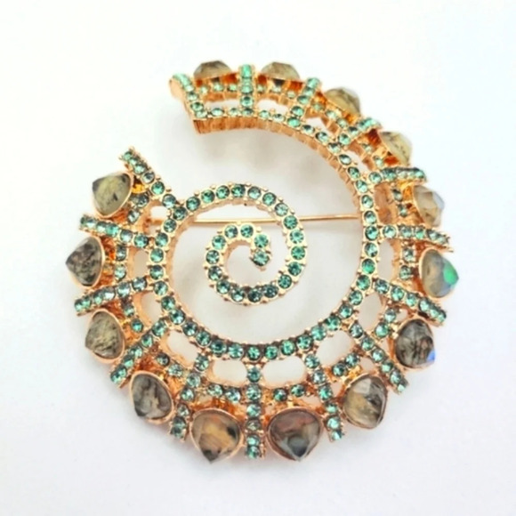 Napier Jewelry - Napier Brooch Mermaid Spiral Goldtone Aqua Crystal Abalone Tone Nautilus